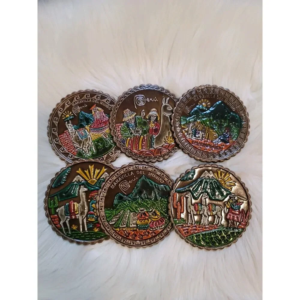 Peru Handpainted Coasters Llama Set 6 W/ Holder Folk Art Souvenir Mixed Material